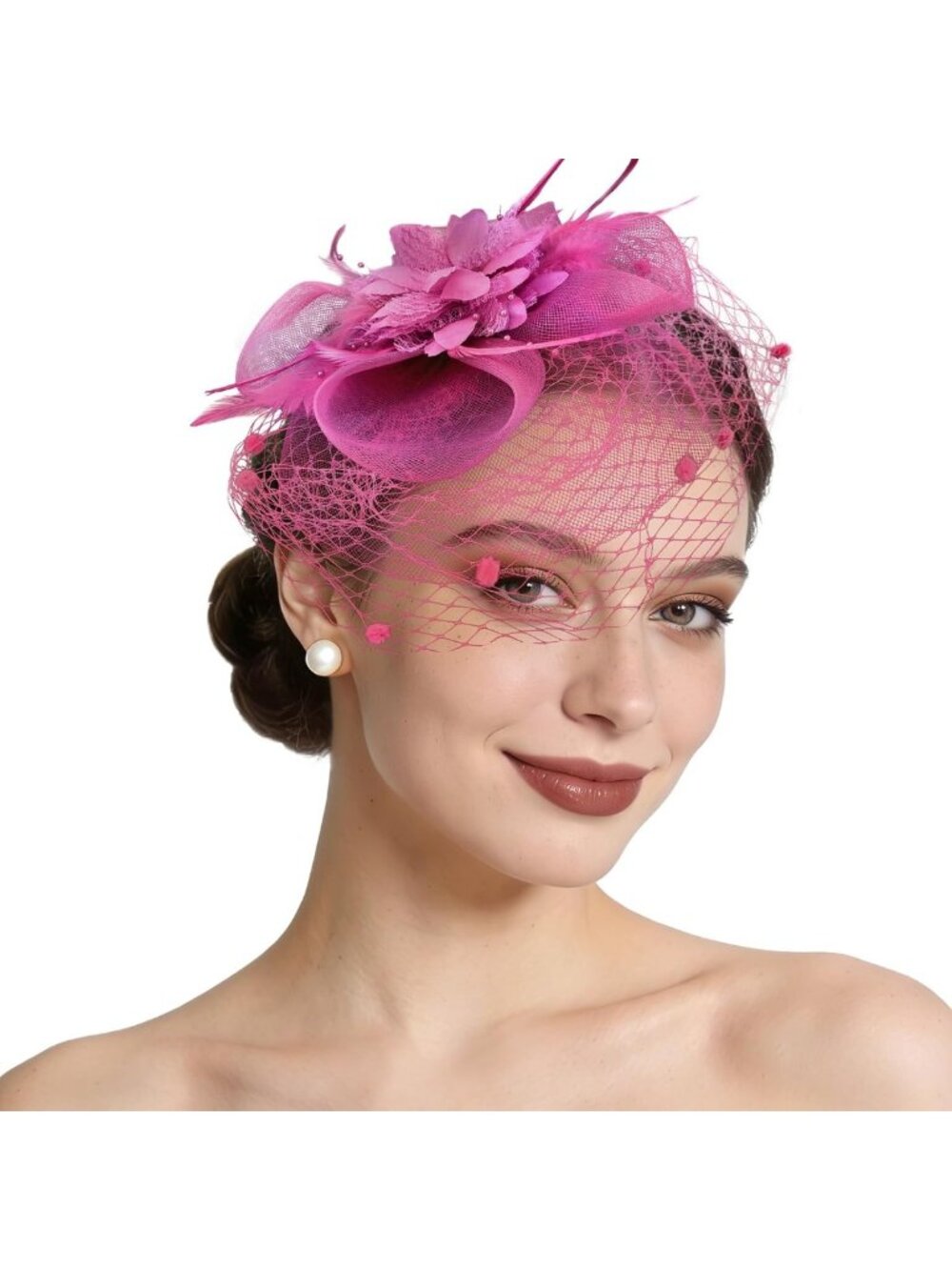 Elegant Hot Pink Tea Party Fascinator Hat with Feathers & Mesh for Women